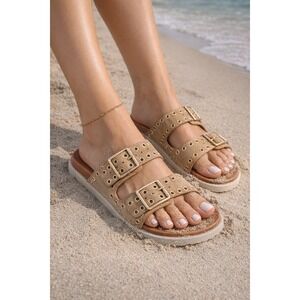 Forever Link Women's Double Strap Studded Platform Sandals Tan 10 New